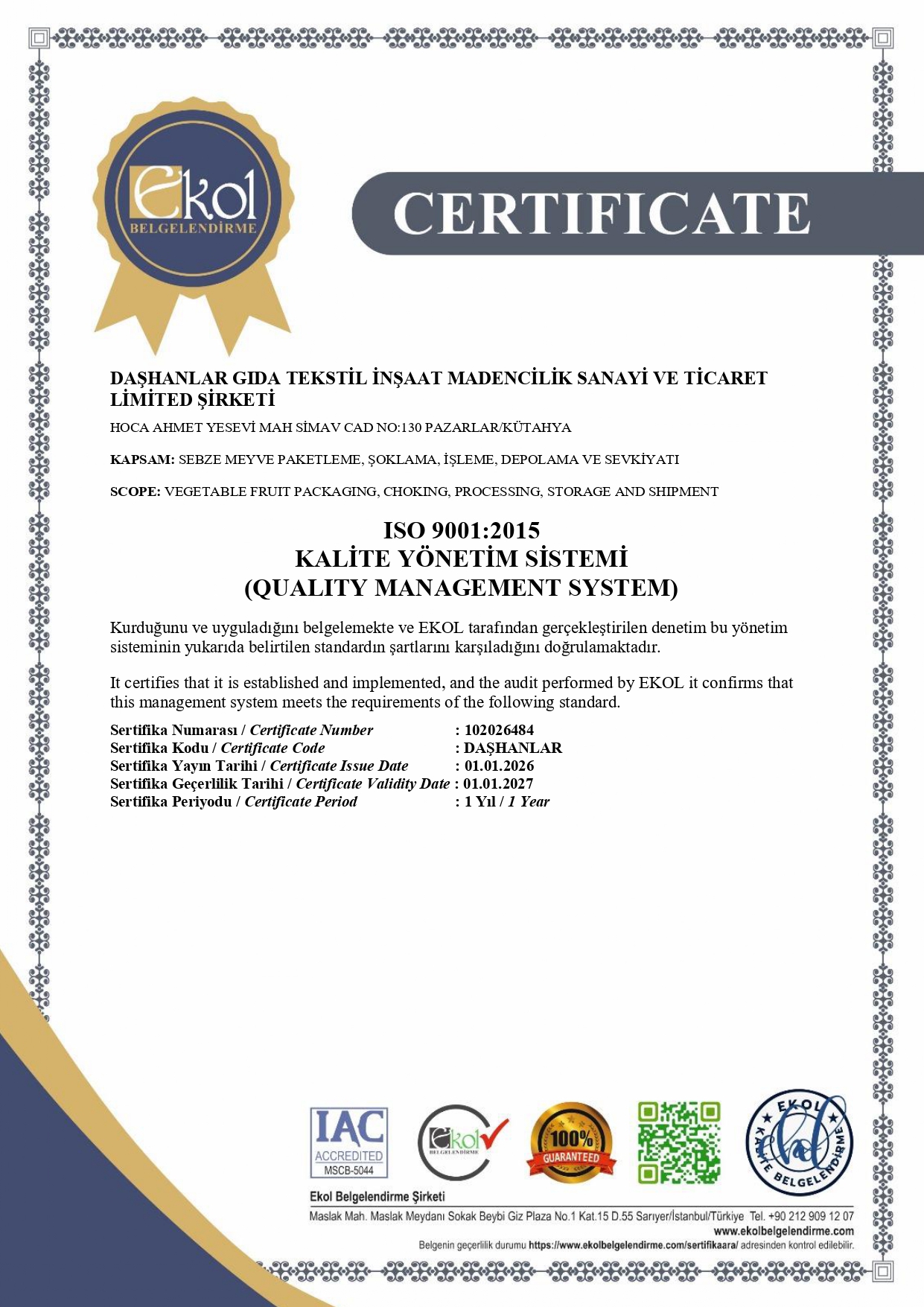 ISO 9001:2015 SERTİFİKA